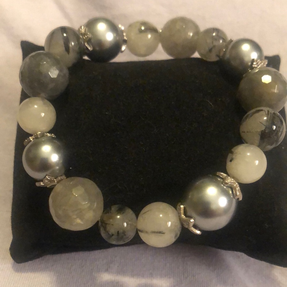 Dark gray and light gray beaded stretch Stone bracelet